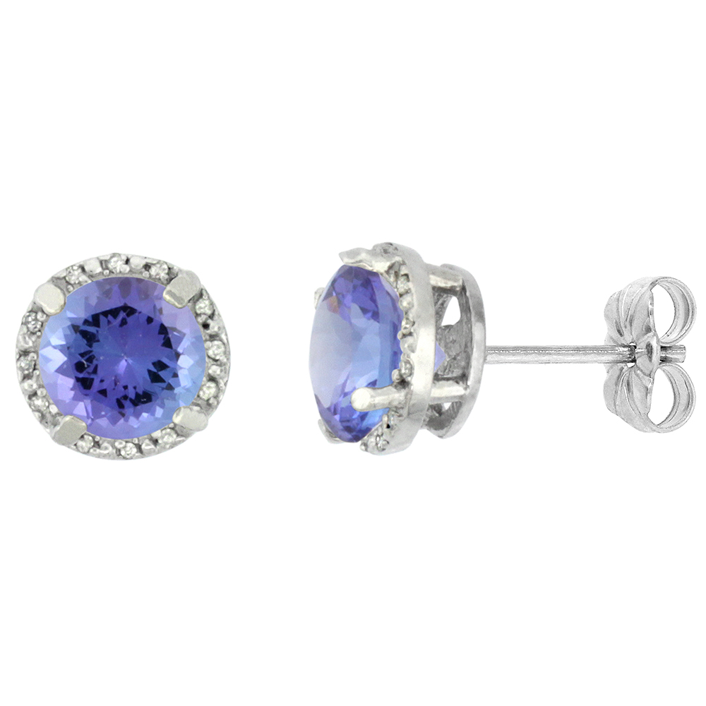 10K WHITE GOLD 0.06 CTTW DIAMOND NATURAL TANZANITE EARRINGS ROUND 7X7 MM