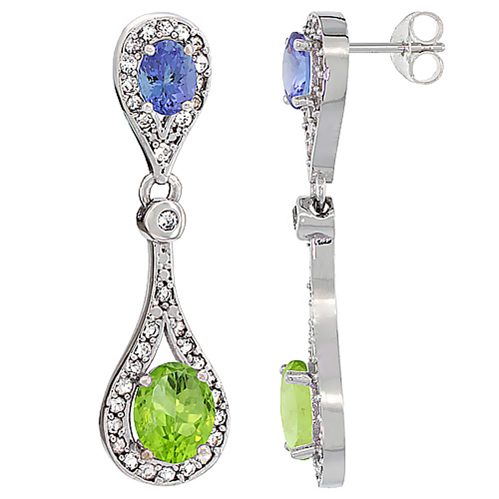 14K WHITE GOLD NATURAL PERIDOT & TANZANITE OVAL DANGLING EARRINGS WHITE SAPPHIRE & DIAMOND ACCENTS, 1 3/8 INCHES LONG