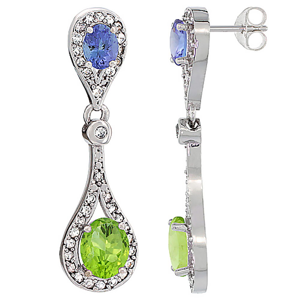 10K White Gold Natural Peridot &amp; Tanzanite Oval Dangling Earrings White Sapphire &amp; Diamond Accents, 1 3/8 inches long
