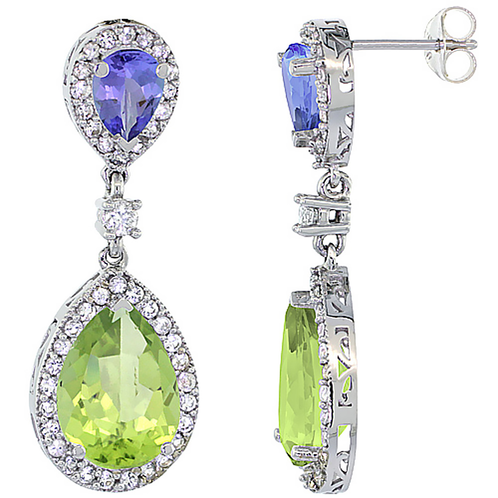 14K WHITE GOLD NATURAL PERIDOT & TANZANITE TEARDROP EARRINGS WHITE SAPPHIRE & DIAMOND