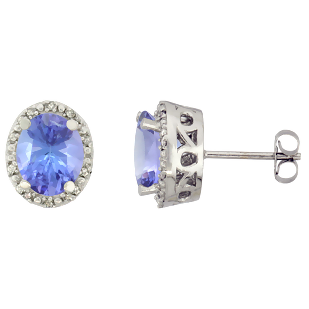 10K WHITE GOLD GENUINE TANZANITE STUD EARRINGS DIAMOND HALO OVAL 8X6 MM