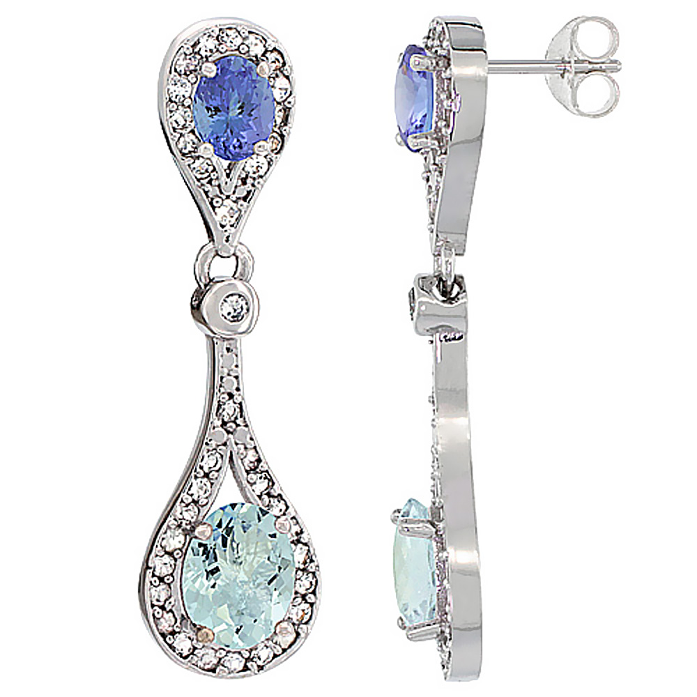 14K WHITE GOLD NATURAL AQUAMARINE & TANZANITE OVAL DANGLING EARRINGS WHITE SAPPHIRE & DIAMOND ACCENTS, 1 3/8 INCHES LONG