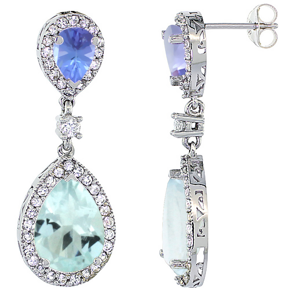 14K WHITE GOLD NATURAL AQUAMARINE & TANZANITE TEARDROP EARRINGS WHITE SAPPHIRE & DIAMOND