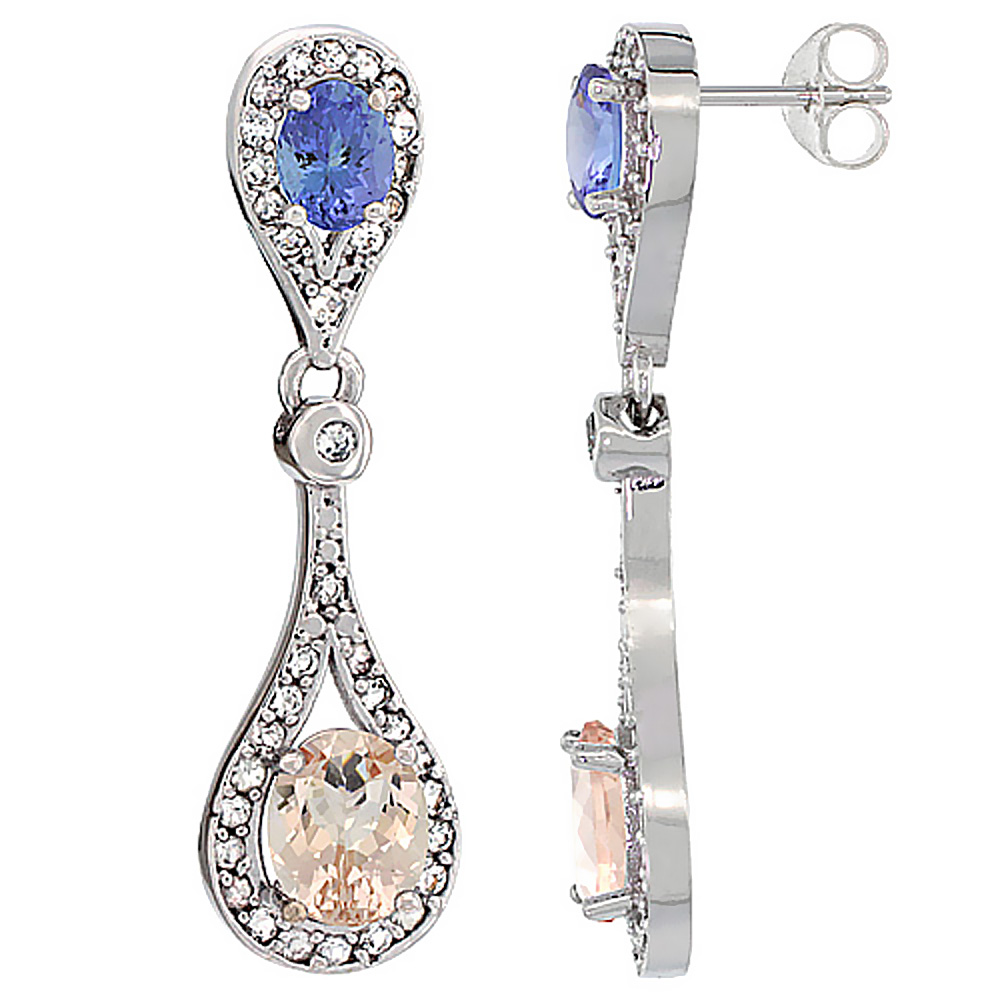 14K WHITE GOLD NATURAL MORGANITE & TANZANITE OVAL DANGLING EARRINGS WHITE SAPPHIRE & DIAMOND ACCENTS, 1 3/8 INCHES LONG