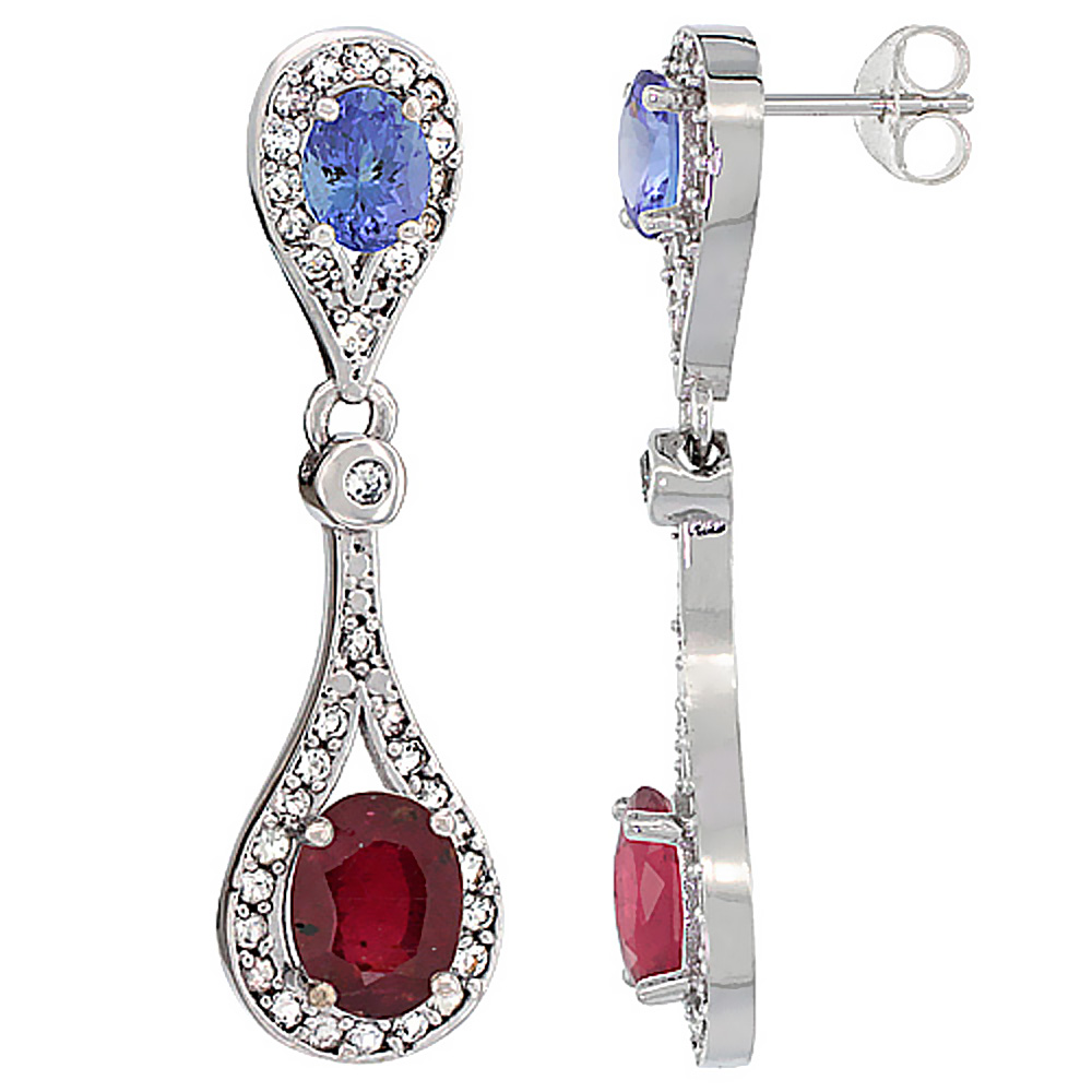 14K WHITE GOLD ENHANCED RUBY & TANZANITE OVAL DANGLING EARRINGS WHITE SAPPHIRE & DIAMOND ACCENTS, 1 3/8 INCHES LONG