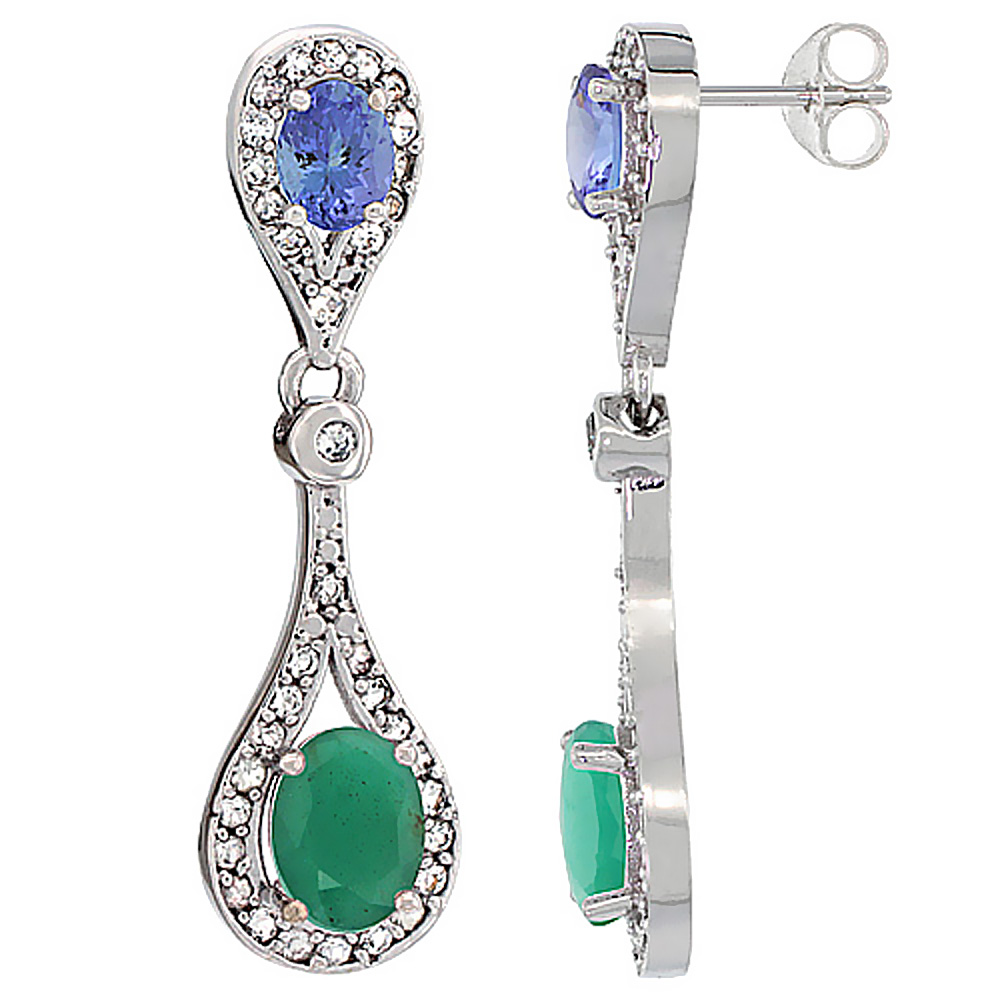 14K WHITE GOLD NATURAL EMERALD & TANZANITE OVAL DANGLING EARRINGS WHITE SAPPHIRE & DIAMOND ACCENTS, 1 3/8 INCHES LONG