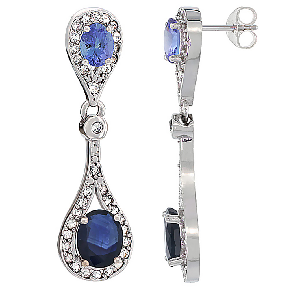 14K WHITE GOLD NATURAL BLUE SAPPHIRE & TANZANITE OVAL DANGLING EARRINGS WHITE SAPPHIRE & DIAMOND ACCENTS, 1 3/8 INCHES LONG