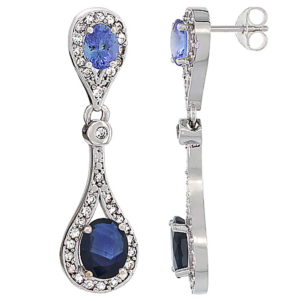 10K White Gold Natural Blue Sapphire & Tanzanite Oval Dangling Earrings White Sapphire & Diamond Accents, 1 3/8 inches long