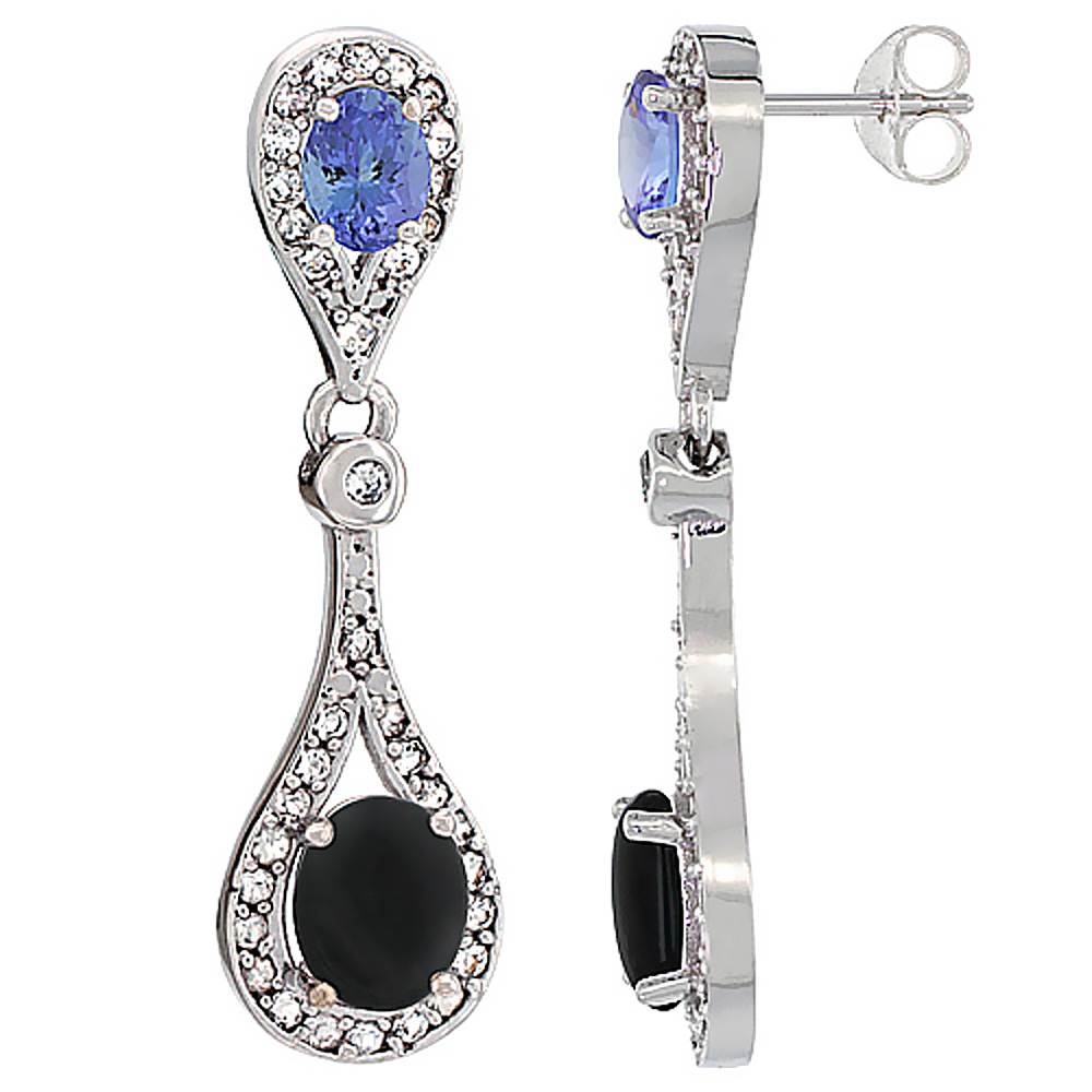14K WHITE GOLD NATURAL BLACK ONYX & TANZANITE OVAL DANGLING EARRINGS WHITE SAPPHIRE & DIAMOND ACCENTS, 1 3/8 INCHES LONG