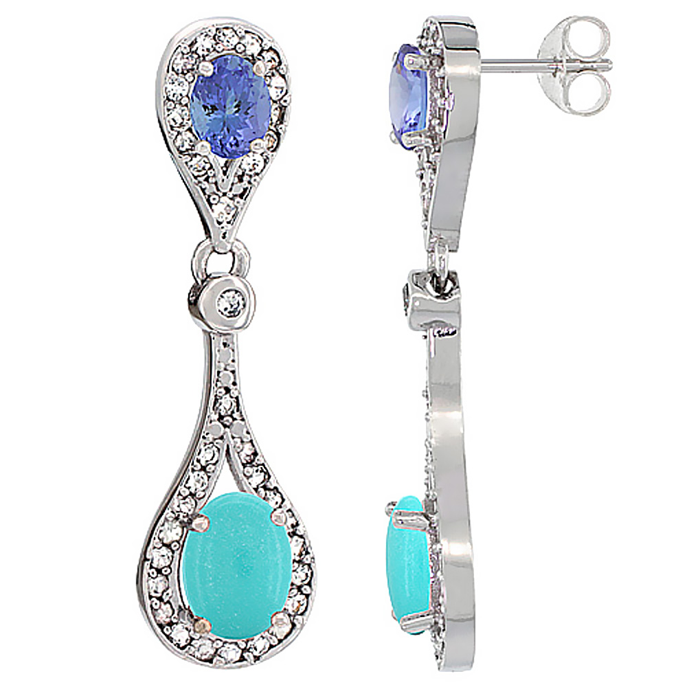 14K White Gold Natural Turquoise &amp; Tanzanite Oval Dangling Earrings White Sapphire &amp; Diamond Accents, 1 3/8 inches long