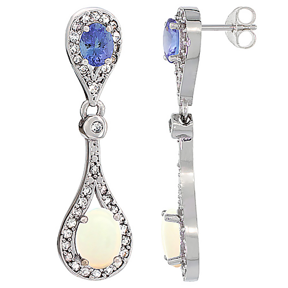 14K WHITE GOLD NATURAL OPAL & TANZANITE OVAL DANGLING EARRINGS WHITE SAPPHIRE & DIAMOND ACCENTS, 1 3/8 INCHES LONG