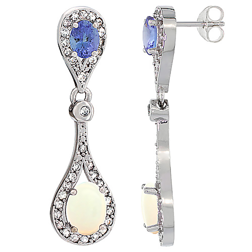 14K White Gold Natural Opal &amp; Tanzanite Oval Dangling Earrings White Sapphire &amp; Diamond Accents, 1 3/8 inches long