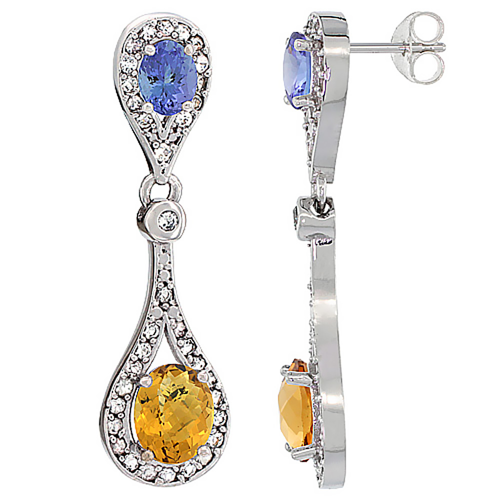 14K WHITE GOLD NATURAL WHISKY QUARTZ & TANZANITE OVAL DANGLING EARRINGS WHITE SAPPHIRE & DIAMOND ACCENTS, 1 3/8 INCHES LONG