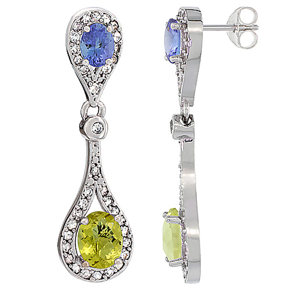 14K WHITE GOLD NATURAL LEMON QUARTZ & TANZANITE OVAL DANGLING EARRINGS WHITE SAPPHIRE & DIAMOND ACCENTS, 1 3/8 INCHES LONG