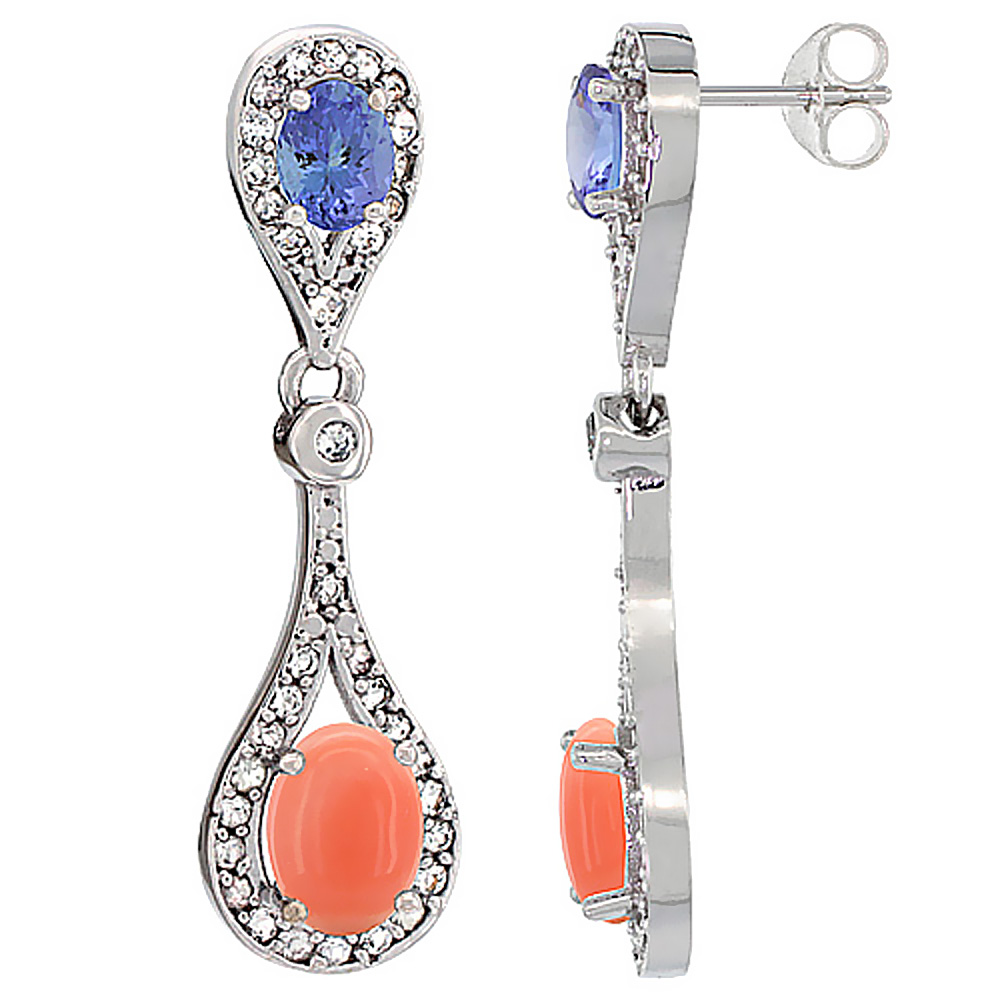 10K White Gold Natural Coral &amp; Tanzanite Oval Dangling Earrings White Sapphire &amp; Diamond Accents, 1 3/8 inches long