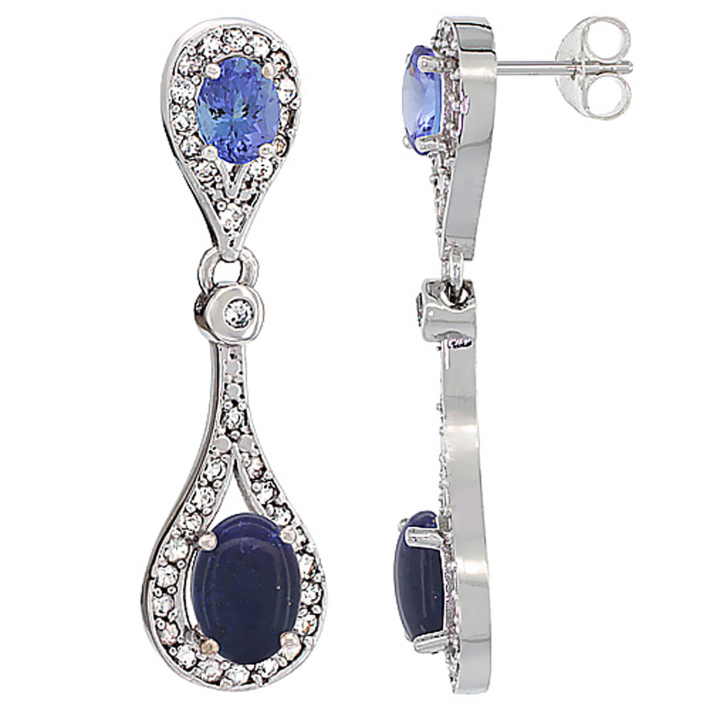 14K WHITE GOLD NATURAL LAPIS & TANZANITE OVAL DANGLING EARRINGS WHITE SAPPHIRE & DIAMOND ACCENTS, 1 3/8 INCHES LONG