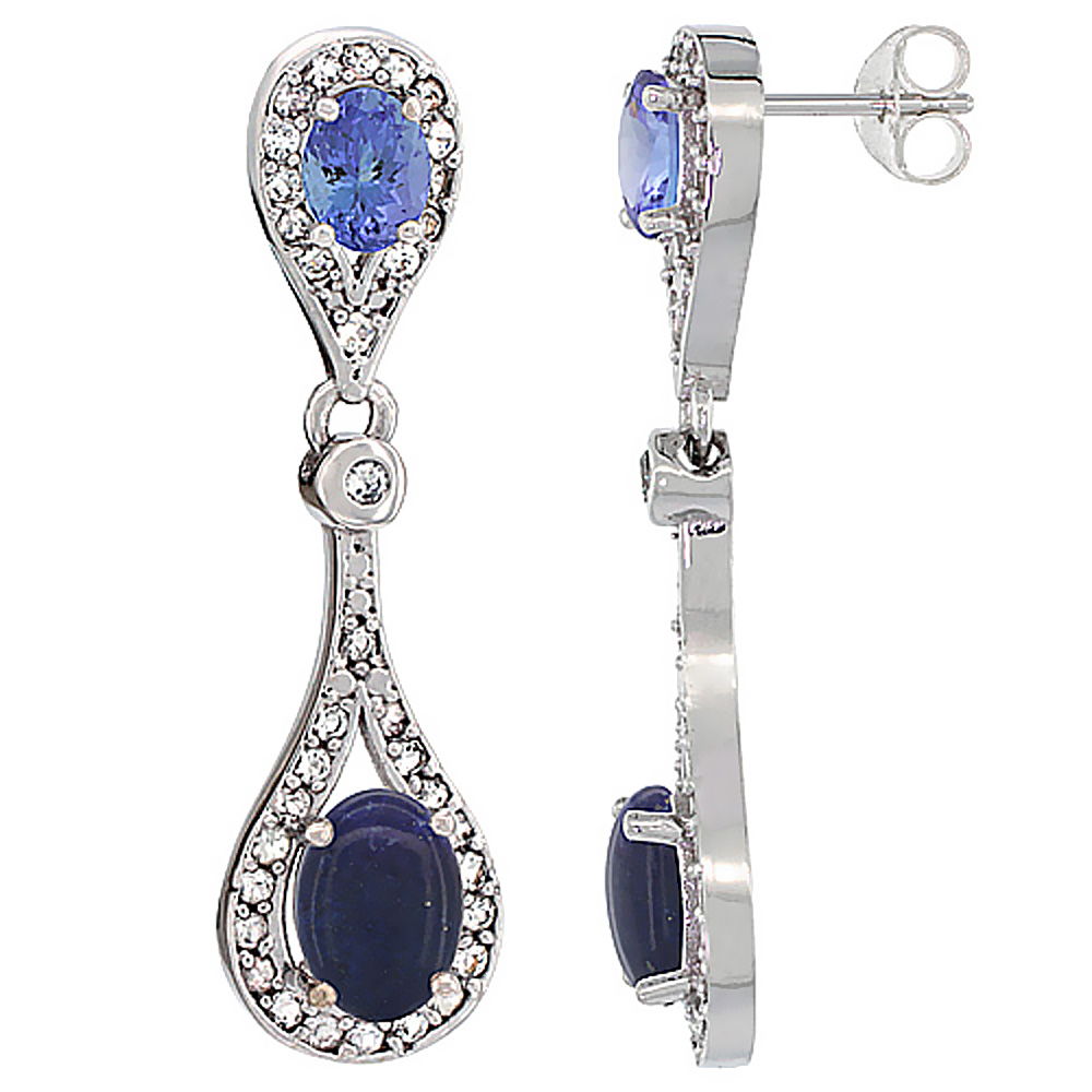 14K White Gold Natural Lapis & Tanzanite Oval Dangling Earrings White Sapphire & Diamond Accents, 1 3/8 inches long