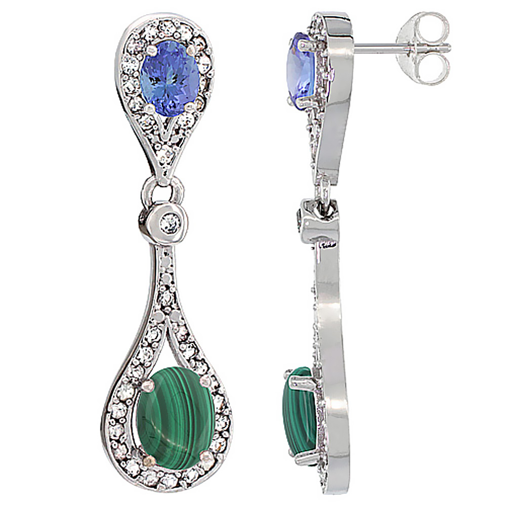 14K WHITE GOLD NATURAL MALACHITE & TANZANITE OVAL DANGLING EARRINGS WHITE SAPPHIRE & DIAMOND ACCENTS, 1 3/8 INCHES LONG