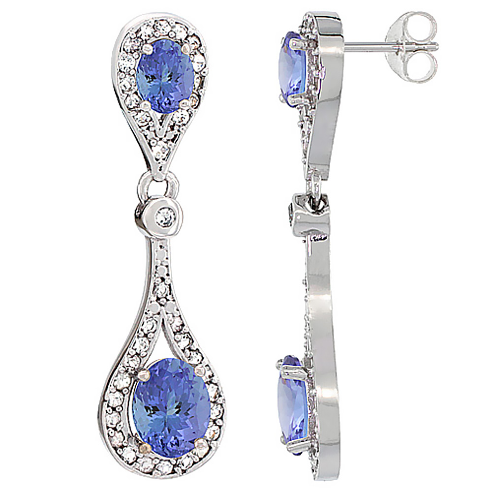 14K WHITE GOLD NATURAL TANZANITE OVAL DANGLING EARRINGS WHITE SAPPHIRE & DIAMOND ACCENTS, 1 3/8 INCHES LONG