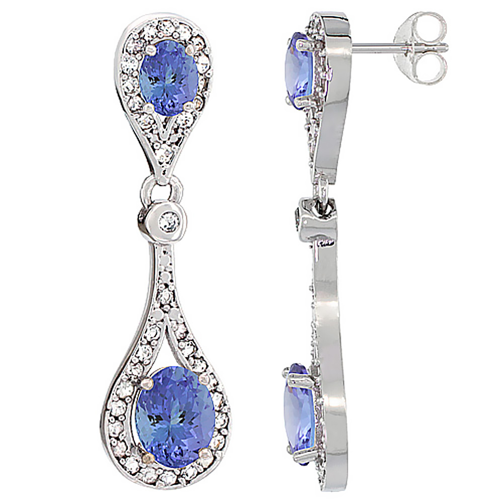 10K White Gold Natural Tanzanite Oval Dangling Earrings White Sapphire &amp; Diamond Accents, 1 3/8 inches long