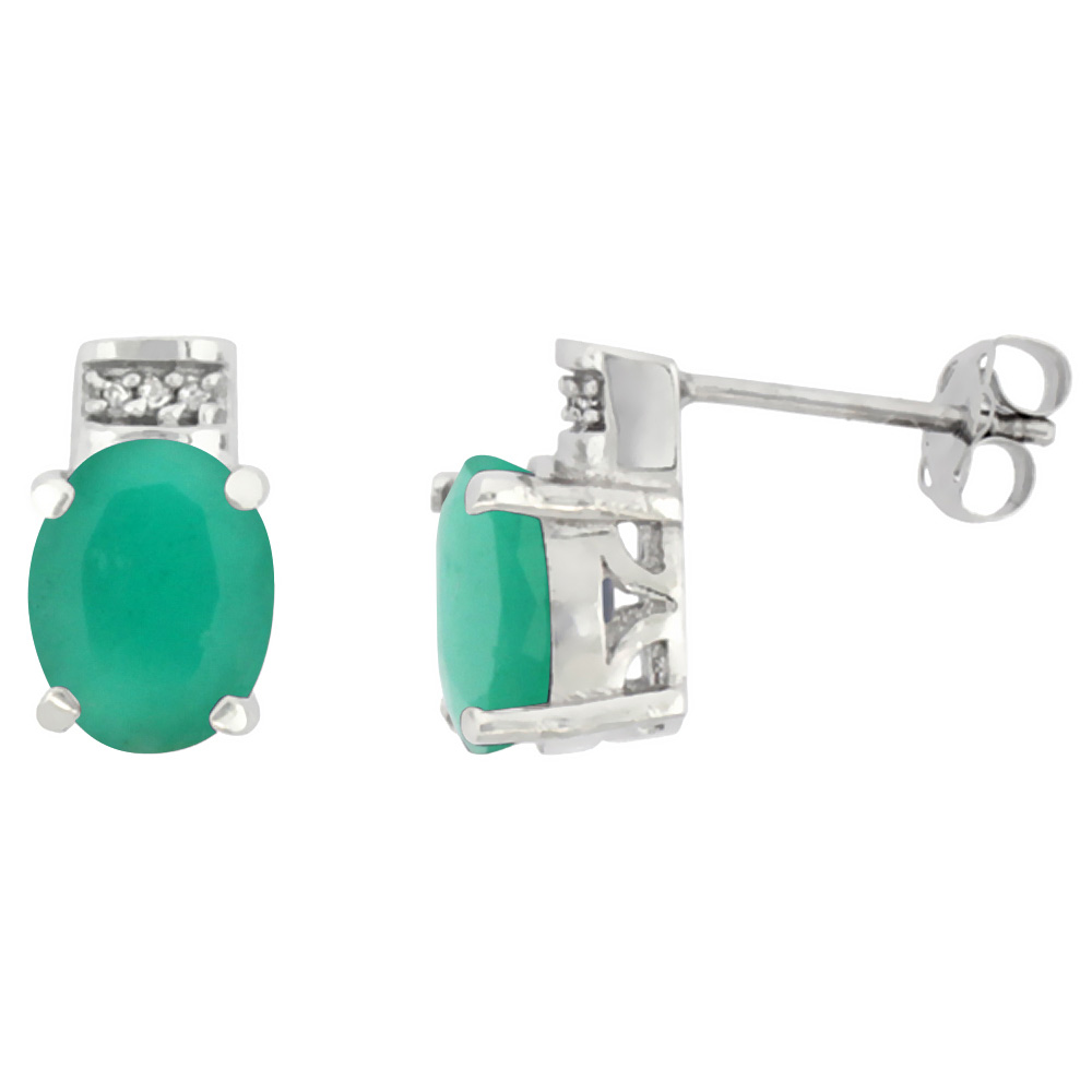 10K White Gold Diamond Natural Quality Emerald Earrings Oval 8x6 mm