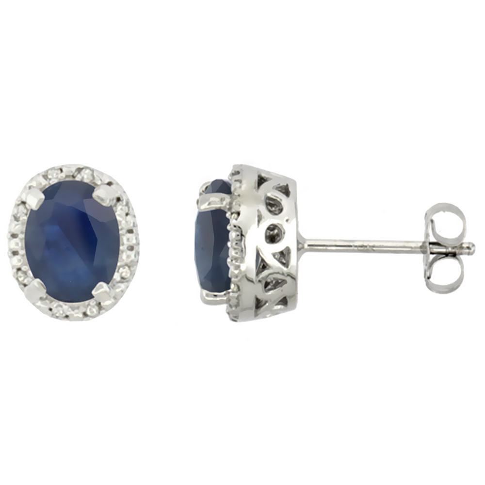 10K WHITE GOLD DIAMOND HALO NATURAL QUALITY BLUE SAPPHIRE STUD EARRINGS OVAL 7X5 MM
