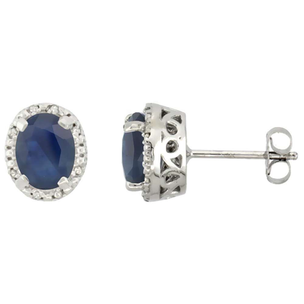10K White Gold Diamond Halo Natural Quality Blue Sapphire Stud Earrings Oval 7x5 mm