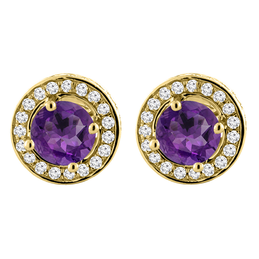 14K Yellow Gold Natural Amethyst Earrings with Diamond Halo Round 5 mm