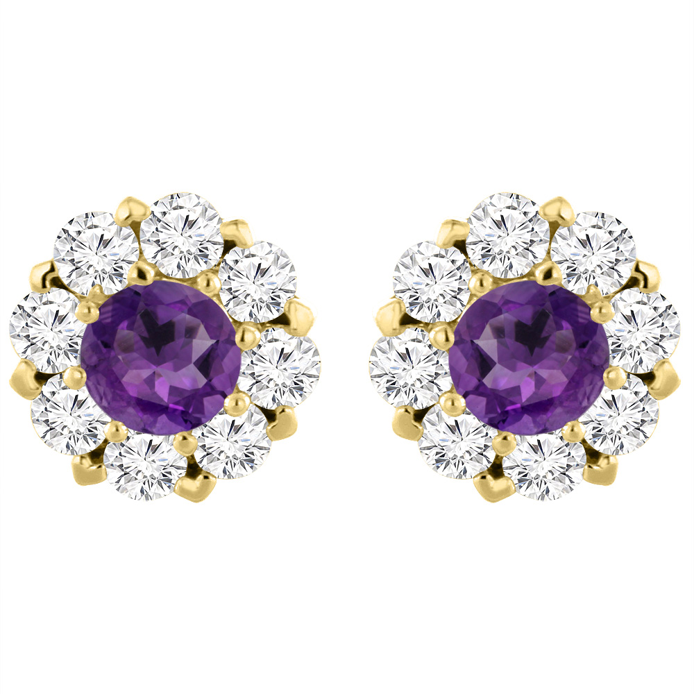 14K Yellow Gold Natural Amethyst Earrings with Diamond Halo Round 6 mm