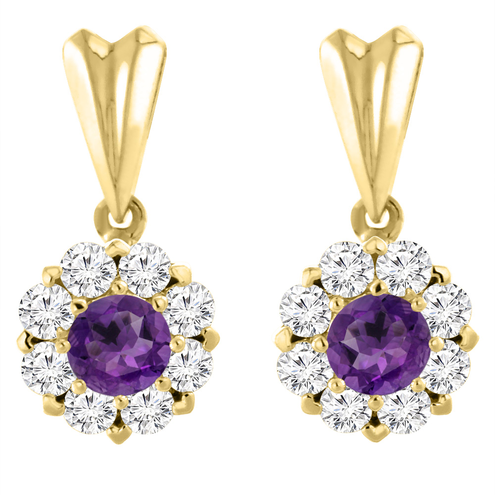 14K YELLOW GOLD NATURAL AMETHYST EARRINGS WITH DIAMOND HALO ROUND 4 MM