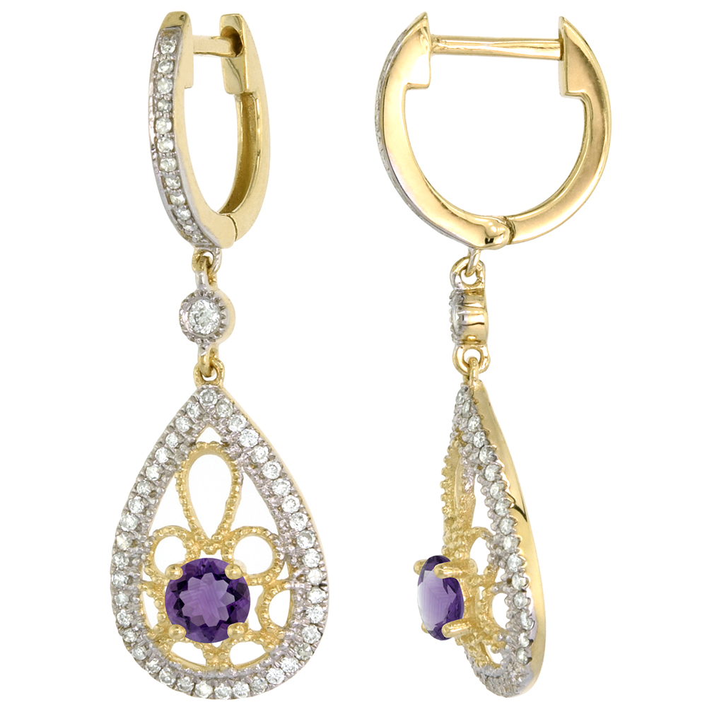 14K YELLOW GOLD NATURAL AMETHYST TEARDROP EARRINGS 3.5MM ROUND WITH 0.47 CTTW DIAMONDS 3/4 INCH LONG
