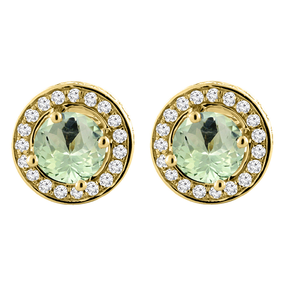 14K YELLOW GOLD NATURAL GREEN AMETHYST EARRINGS WITH DIAMOND HALO ROUND 5 MM