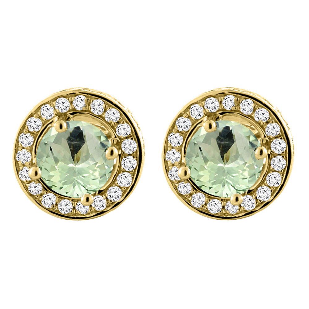 14K Yellow Gold Natural Green Amethyst Earrings with Diamond Halo Round 5 mm