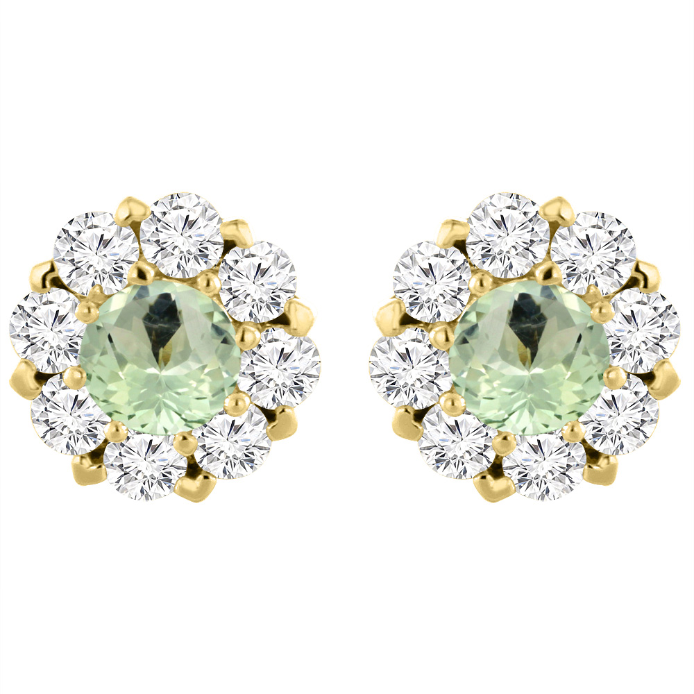 14K Yellow Gold Natural Green Amethyst Earrings with Diamond Halo Round 6 mm