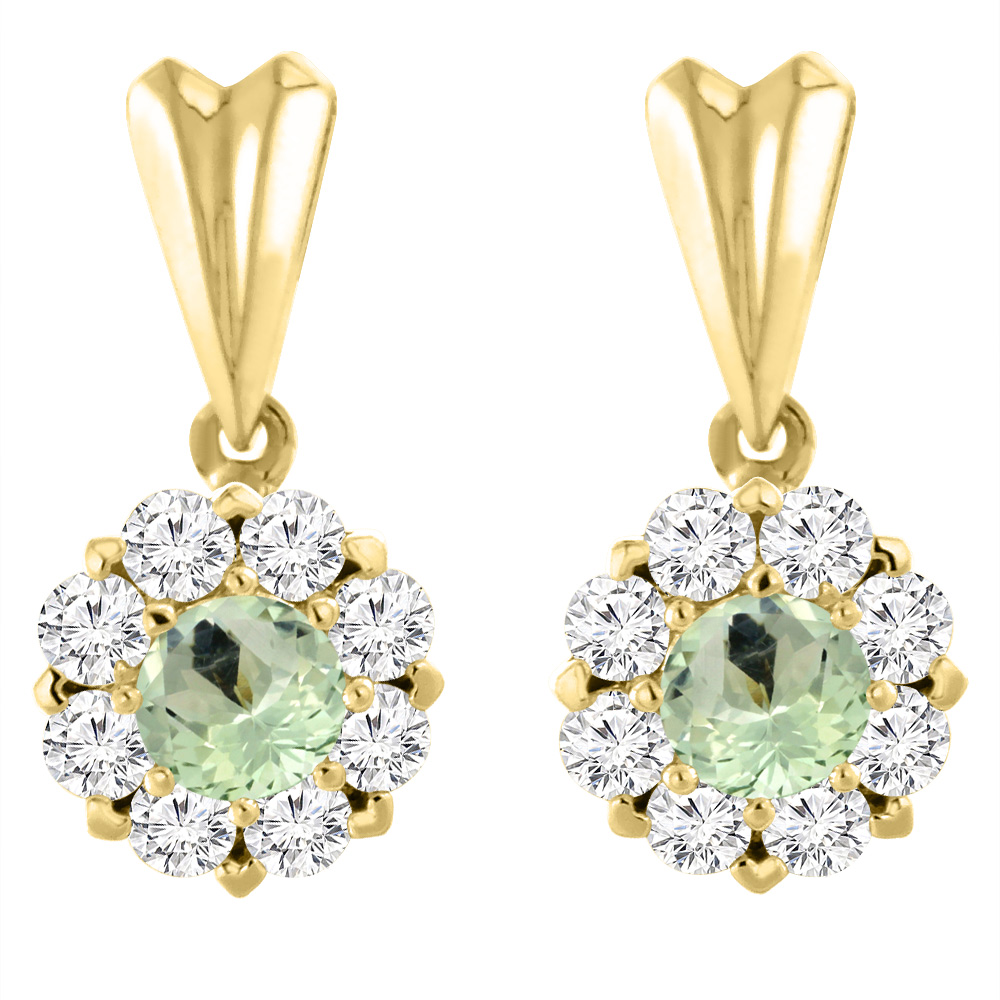14K YELLOW GOLD NATURAL GREEN AMETHYST EARRINGS WITH DIAMOND HALO ROUND 4 MM