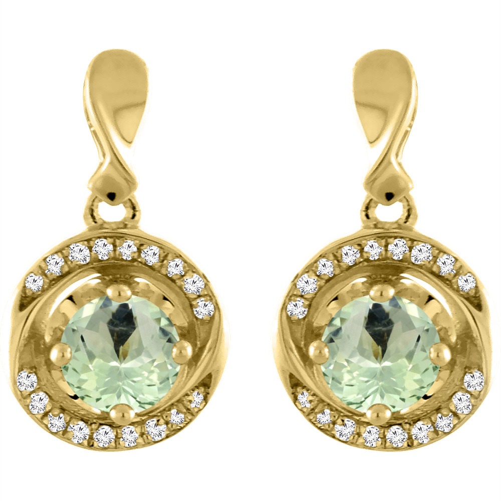 14K YELLOW GOLD NATURAL GREEN AMETHYST EARRINGS WITH DIAMOND ACCENTS ROUND 4 MM