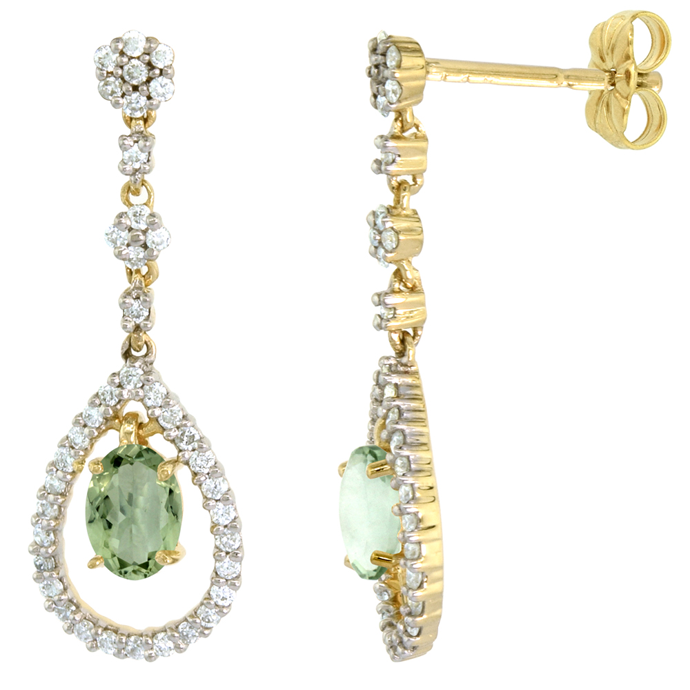 14k Gold Diamond Genuine Green Amethyst Dangle Earrings Teardrop 6x4 Oval 1 inch long