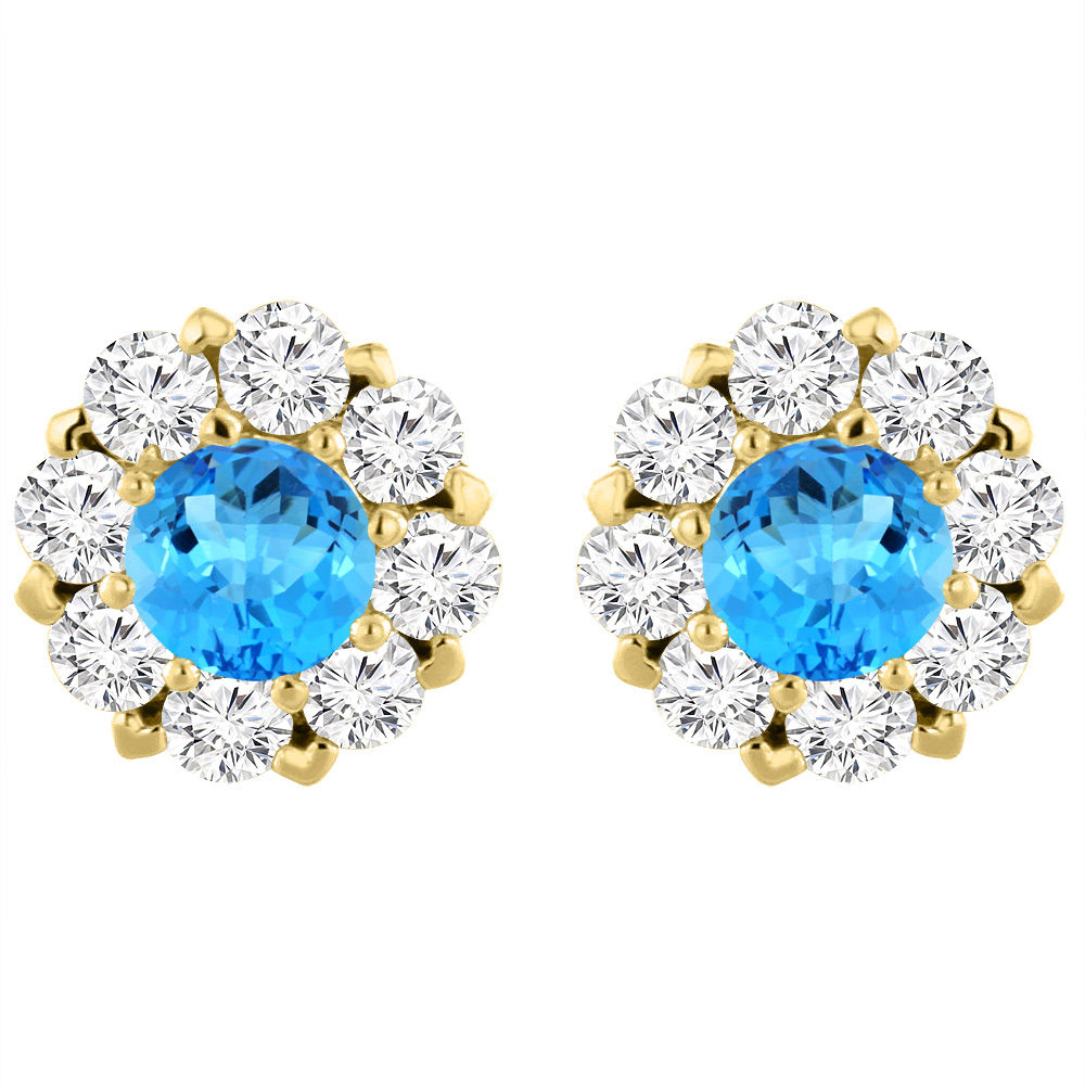 14K Yellow Gold Natural Swiss Blue Topaz Earrings with Diamond Halo Round 6 mm