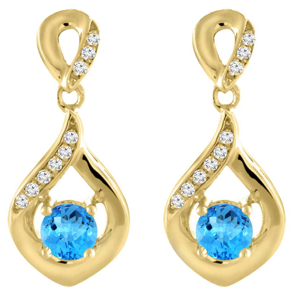 14K YELLOW GOLD NATURAL SWISS BLUE TOPAZ EARRINGS WITH DIAMOND ACCENTS ROUND 4 MM