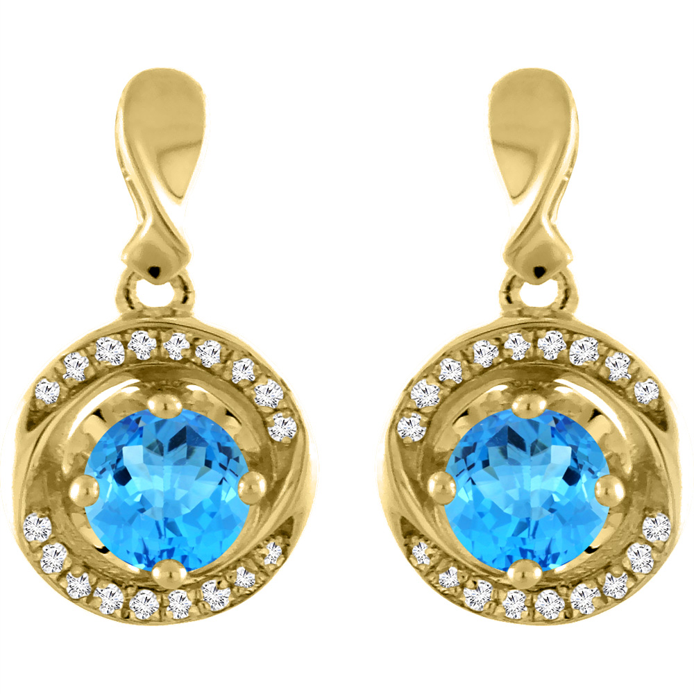 14K YELLOW GOLD NATURAL SWISS BLUE TOPAZ EARRINGS WITH DIAMOND ACCENTS ROUND 4 MM