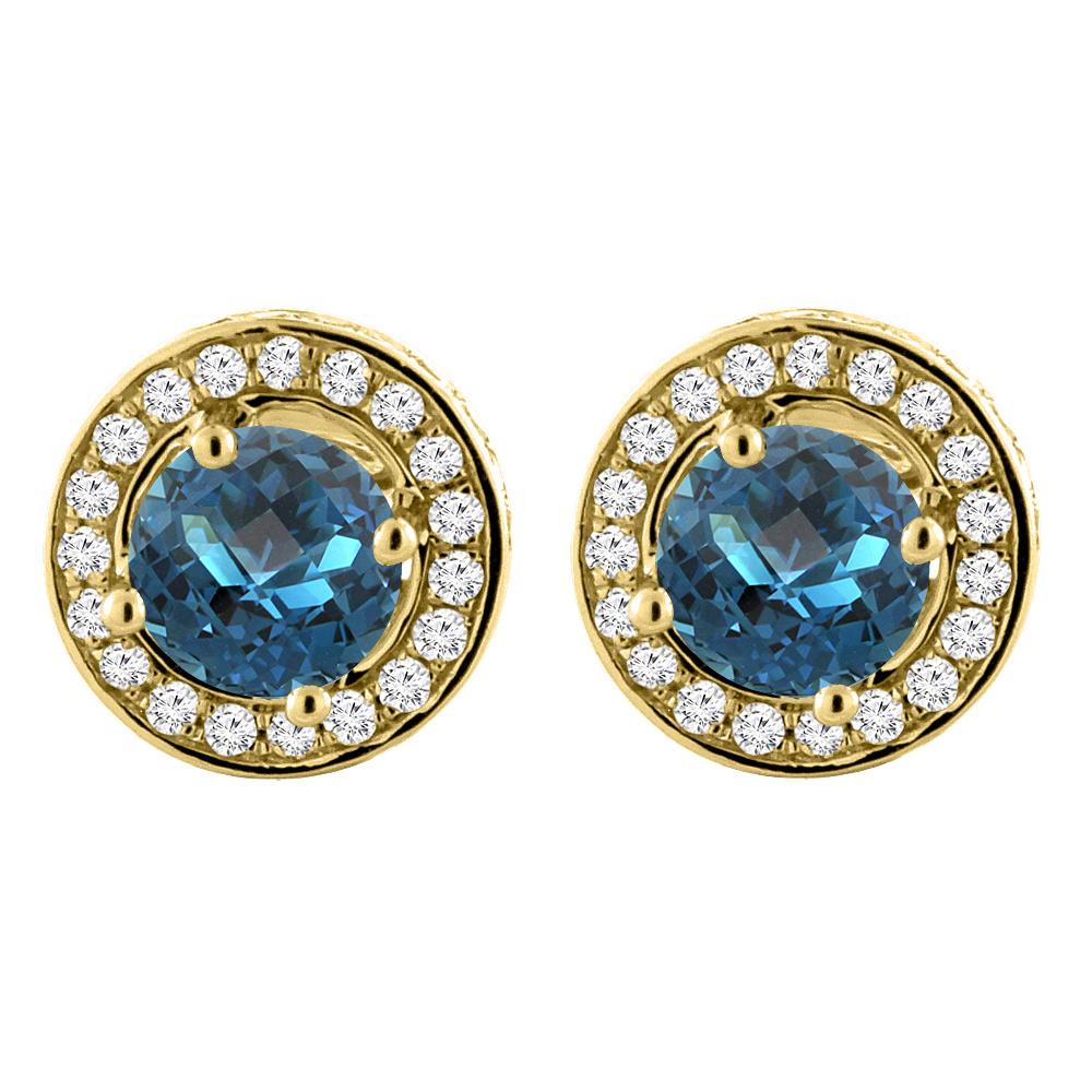 14K YELLOW GOLD NATURAL LONDON BLUE TOPAZ EARRINGS WITH DIAMOND HALO ROUND 5 MM