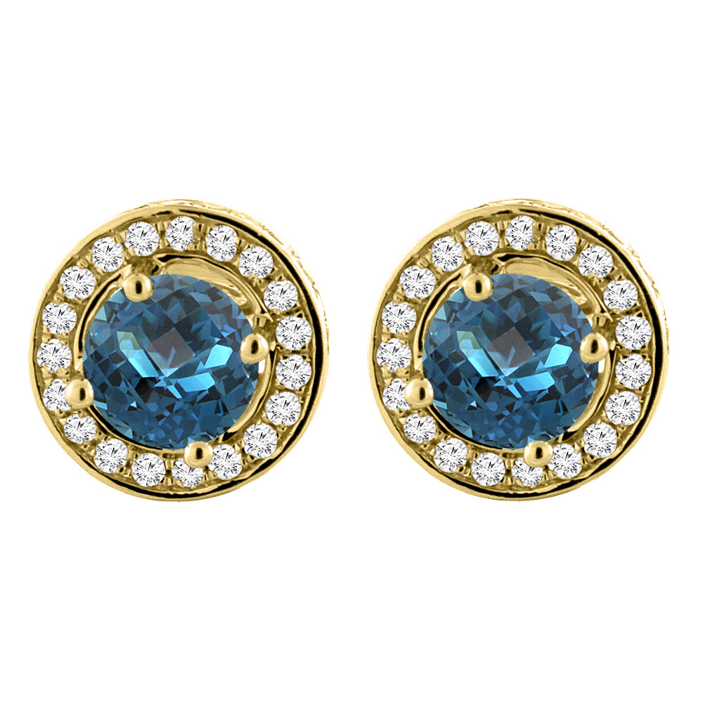 14K Yellow Gold Natural London Blue Topaz Earrings with Diamond Halo Round 5 mm