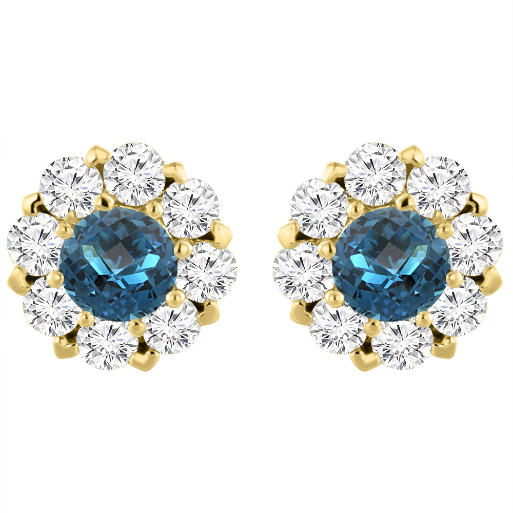 14K Yellow Gold Natural London Blue Topaz Earrings with Diamond Halo Round 6 mm