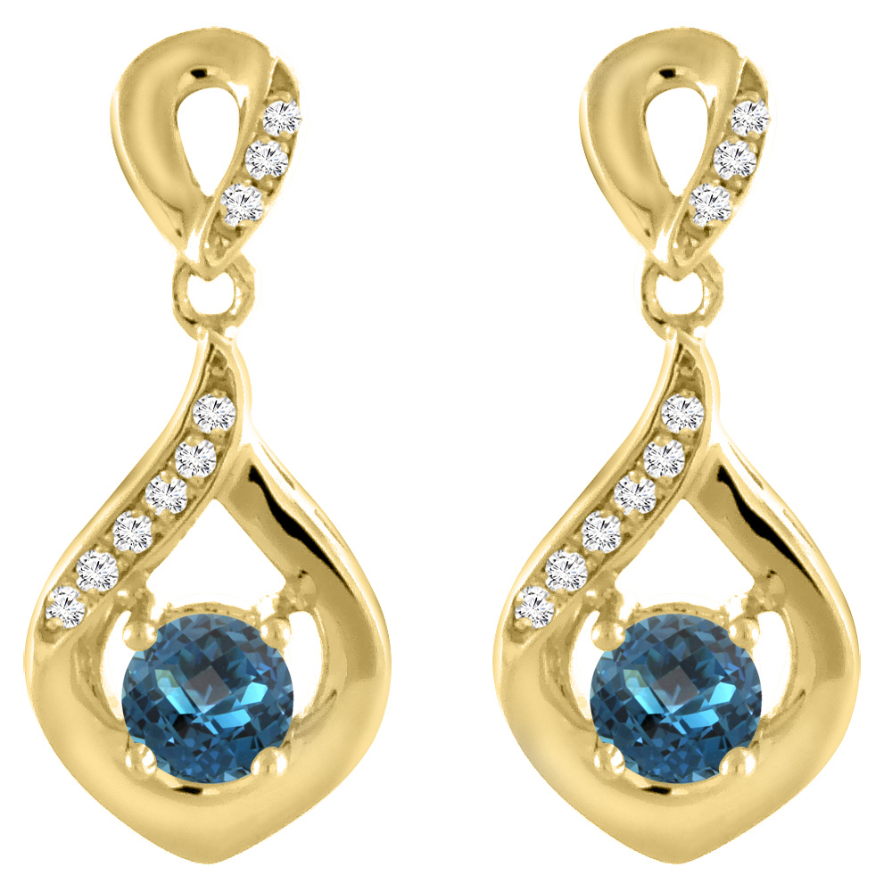 14K YELLOW GOLD NATURAL LONDON BLUE TOPAZ EARRINGS WITH DIAMOND ACCENTS ROUND 4 MM
