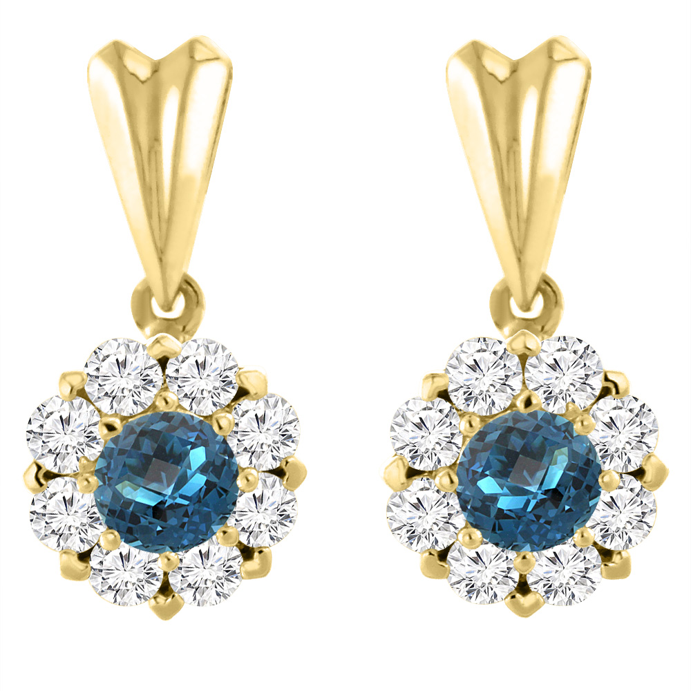 14K YELLOW GOLD NATURAL LONDON BLUE TOPAZ EARRINGS WITH DIAMOND HALO ROUND 4 MM