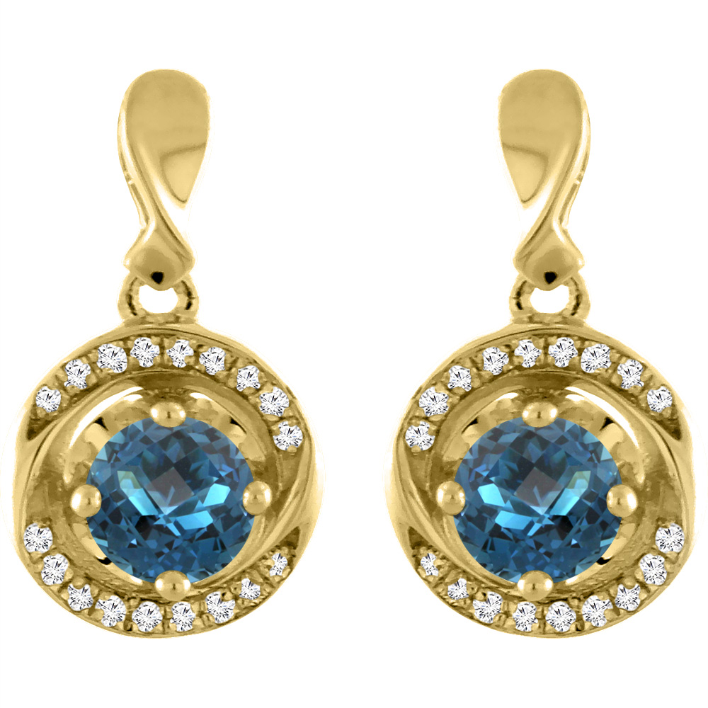 14K Yellow Gold Natural London Blue Topaz Earrings with Diamond Accents Round 4 mm
