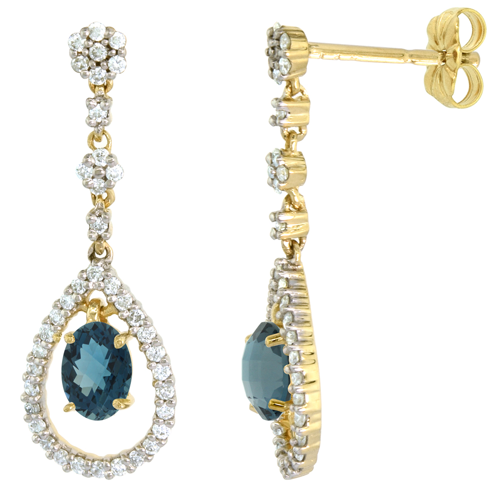 14k Gold Diamond Genuine London Blue Topaz Dangle Earrings Teardrop 6x4 Oval 1 inch long
