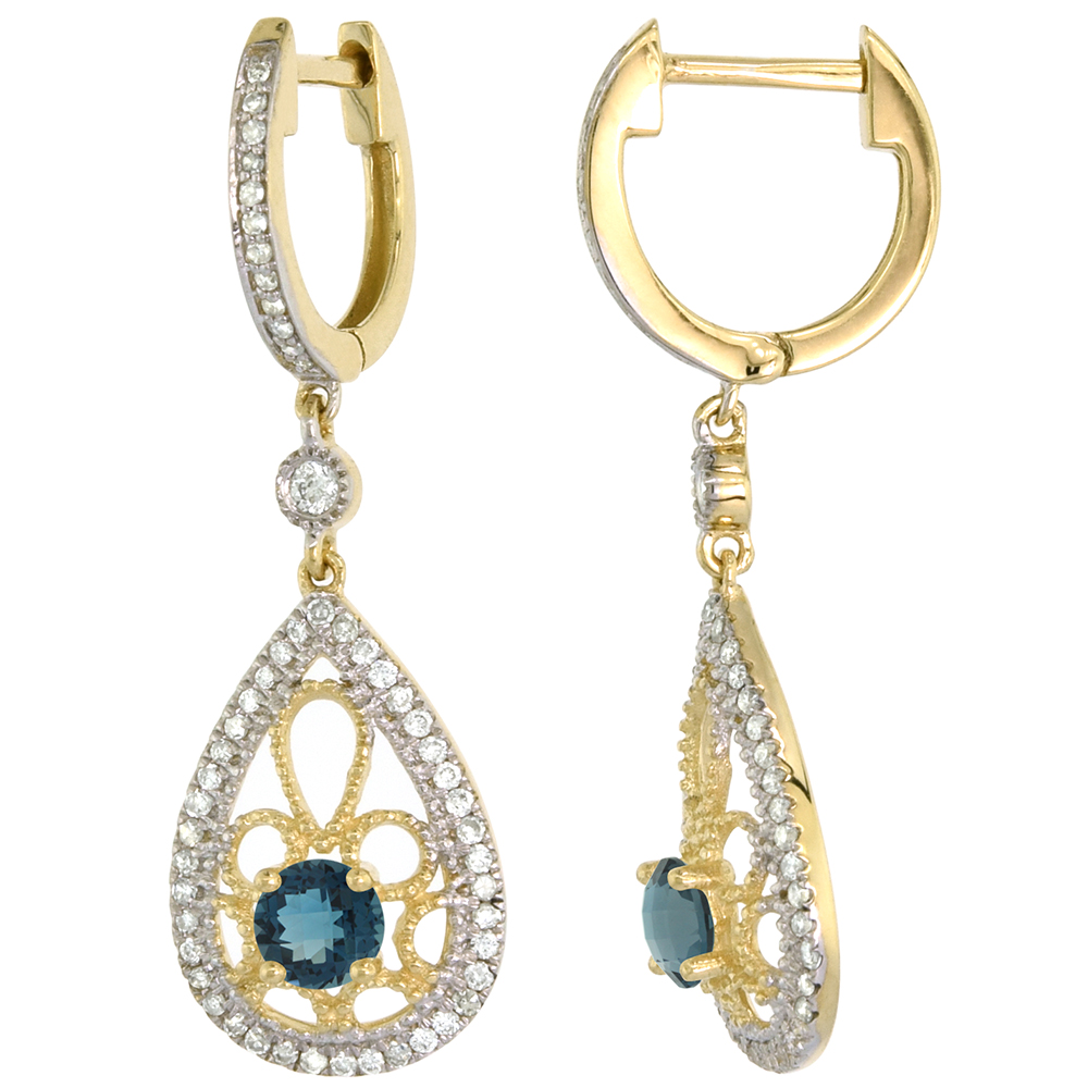 14K YELLOW GOLD NATURAL LONDON BLUE TOPAZ TEARDROP EARRINGS 3.5MM ROUND WITH 0.47 CTTW DIAMONDS 3/4 INCH LONG