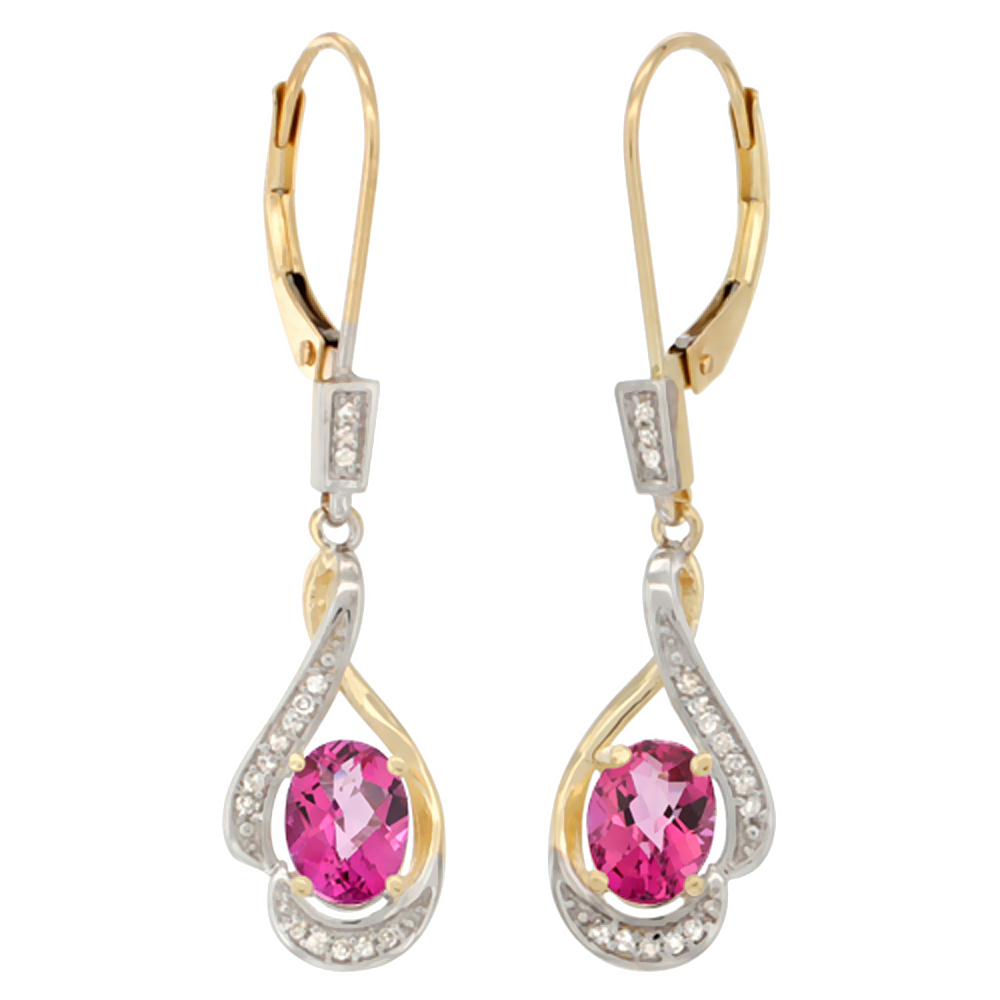 14K YELLOW GOLD DIAMOND NATURAL AMETHYST LEVERBACK EARRINGS OVAL 7X5 MM, 1 7/16 INCH LONG