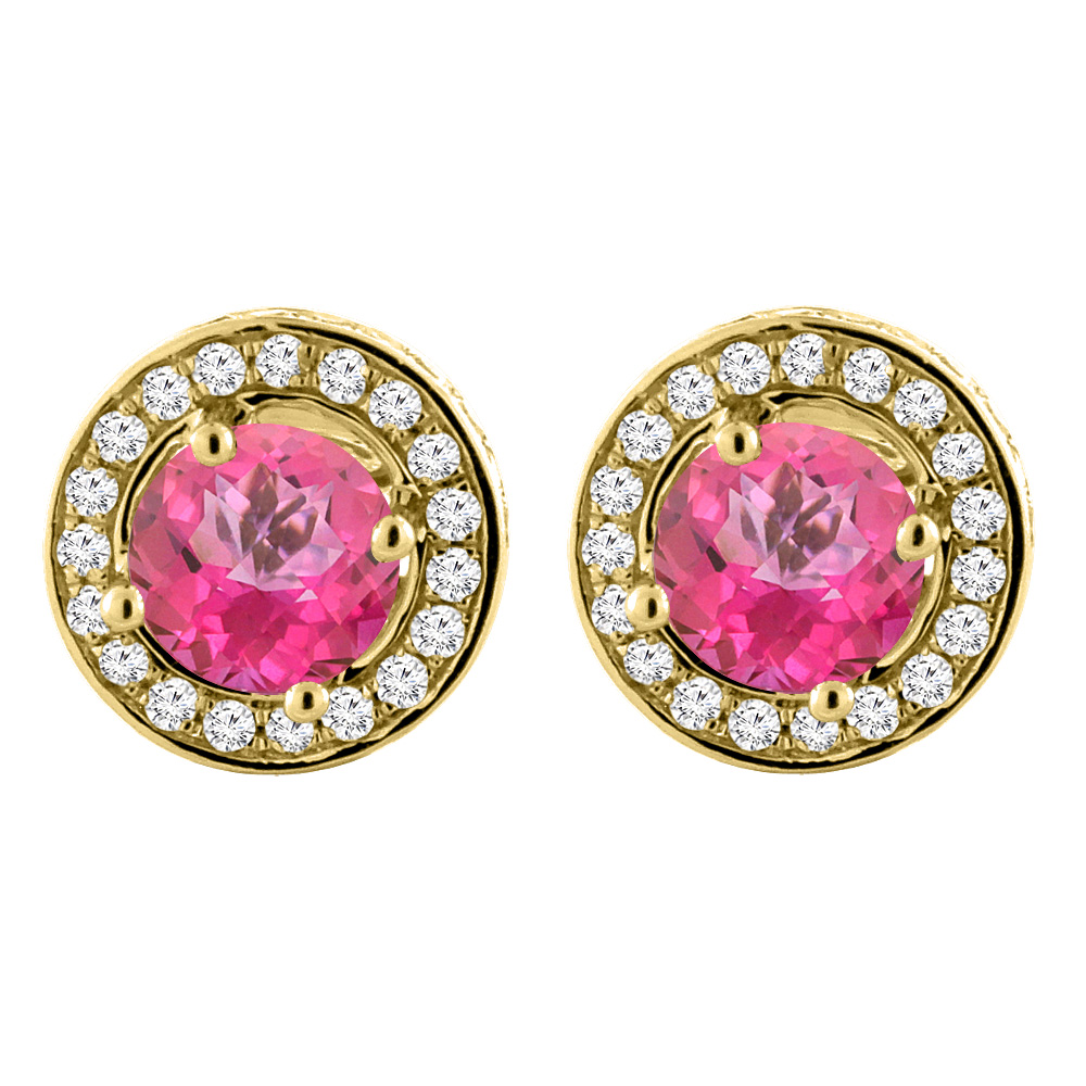14K YELLOW GOLD NATURAL PINK TOPAZ EARRINGS WITH DIAMOND HALO ROUND 5 MM